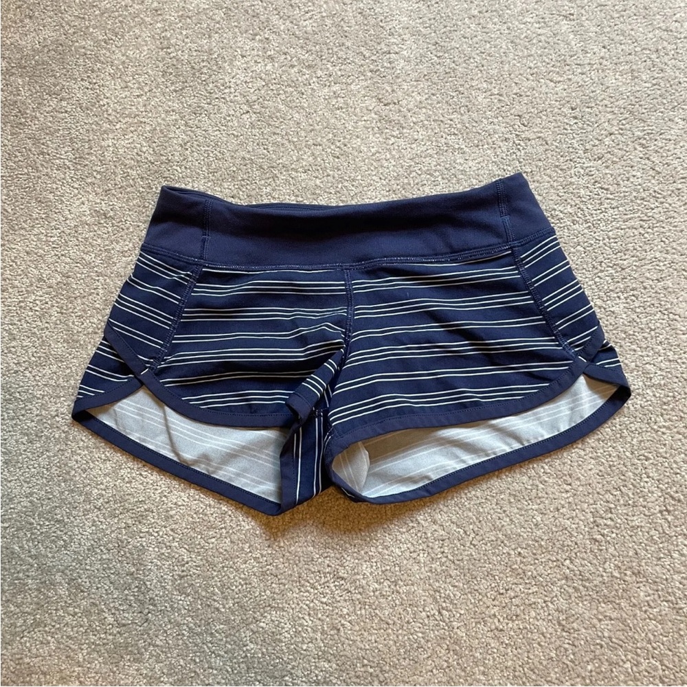 ivivva lululemon Shorts Girls Youth 8 Blue Stripe Pull On Lightweight Zip Run - Picture 13 of 13